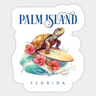 Palm Island Florida Smiling Surfing Turtle Souvenir Sticker